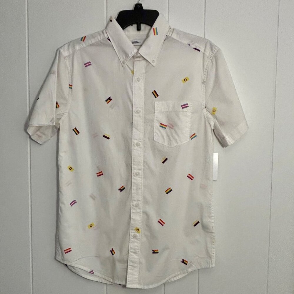 LGBTQIA+ Pride Flag Small Sonoma Community White Short Sleeve Button Up Shirt NW